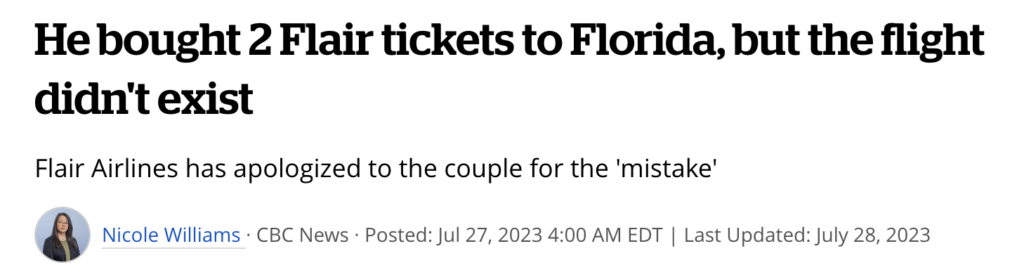 CBC article about Flair airlines selling someone a ticket that doesn't exist